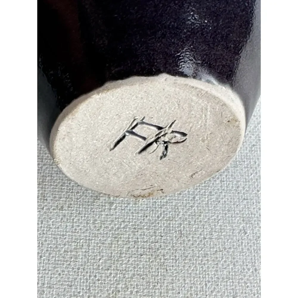 Vintage Signed FR Studio Pottery Vase Black Glaze Mid Century Modern Bud Vase 7